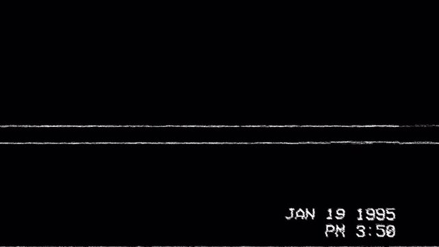 Vintage analog video screen with a timestamp from 1995. Retro nineties background with VHS tracking static, glitch noise, and a black display.