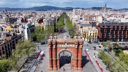 Barcelona Skyline In Barcelona Catalonia Spain. Bird Eye View Of Stunning Iconic Recreational Park...