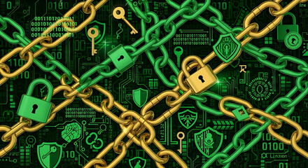 Digital blockchain network with interconnected chains locks keys and shields representing security and data protection