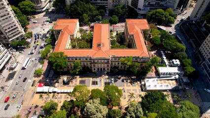 Town Aerial In Sao Paulo Brazil. City Skyline Showing Modern And Traditional Architecture. Sunset...