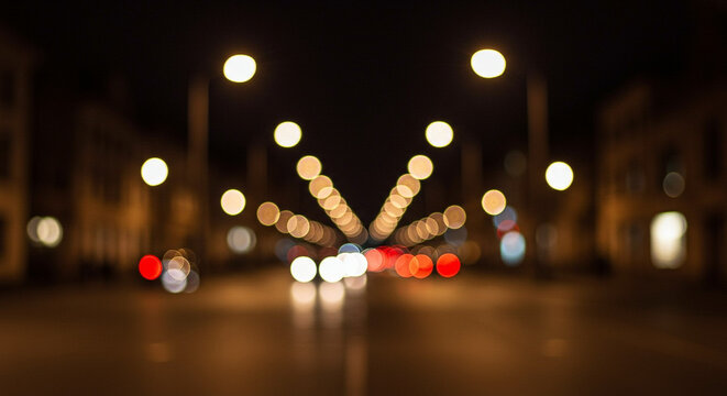 Blurry nighttime city street with bokeh lights from streetlamps and cars on a wet road in a dark urban setting.