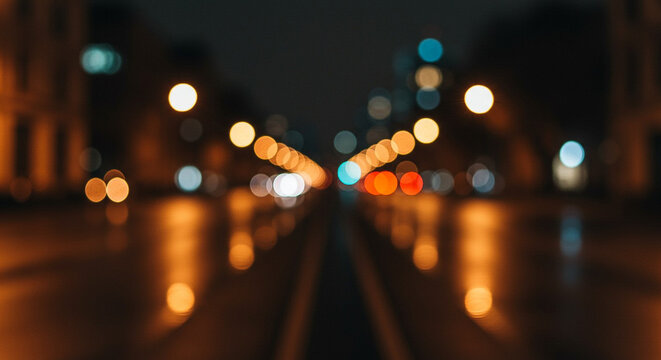 Blurry nighttime city street with bokeh lights reflecting on wet pavement at dusk, leading into the distance.