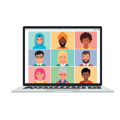 online,meeting,webinar flat vector illustration of a laptop screen showing multiple people in a video online meeting or webinar
