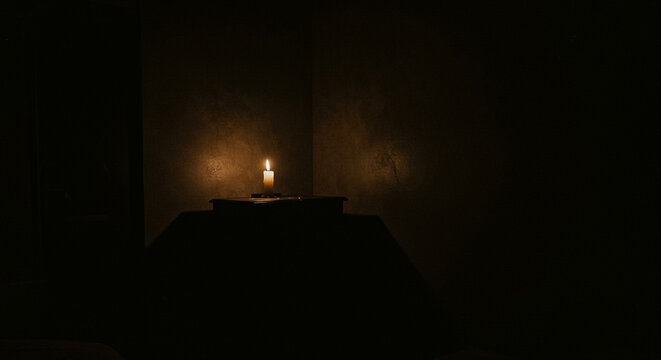 A single lit candle sits on a table in a dark room with shadows cast on the walls, creating a warm and intimate ambiance.