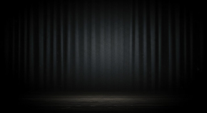 Dark room with vertical lines on wall and glowing light from center, creating a moody atmosphere with shadows.