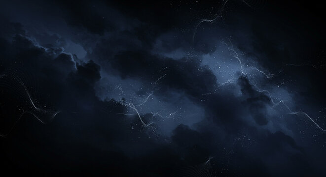Dark stormy night sky with lightning illuminating ominous clouds in a dramatic display of atmospheric electricity against a black background.