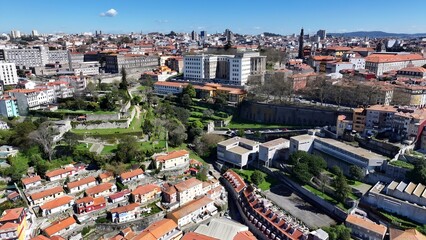 Fototapeta premium Park Of Virtues In Porto Portugal. Bird Eye View Of Stunning Iconic Recreational Park Of The City. Metropolitan Landscape High Rise Building Amazing. Metropolitan Town. Porto Portugal.