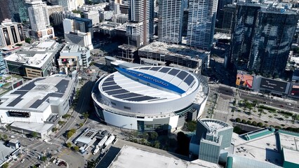 Crypto Arena In Los Angeles California United States. Amazing Sports Arena Landscape In The Downtown District. Business Sky Downtown Cityscape. Business Panning Wide. Los Angeles California.