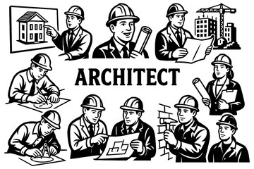 Retro comic scenes of architects planning and working on buildings, Transparent Background