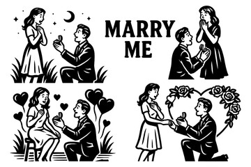 Retro comic sequence of romantic marriage proposals, Transparent Background