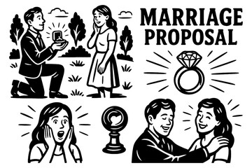 Retro comic sequence of romantic marriage proposals, Transparent Background