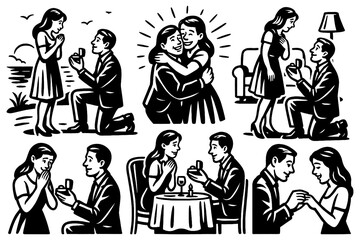 Retro comic sequence of romantic marriage proposals, Transparent Background