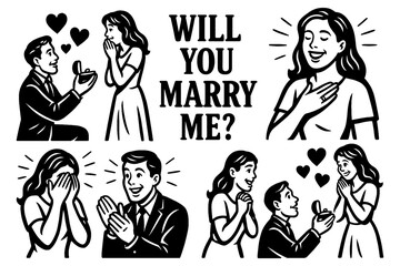 Retro comic sequence of romantic marriage proposals, Transparent Background