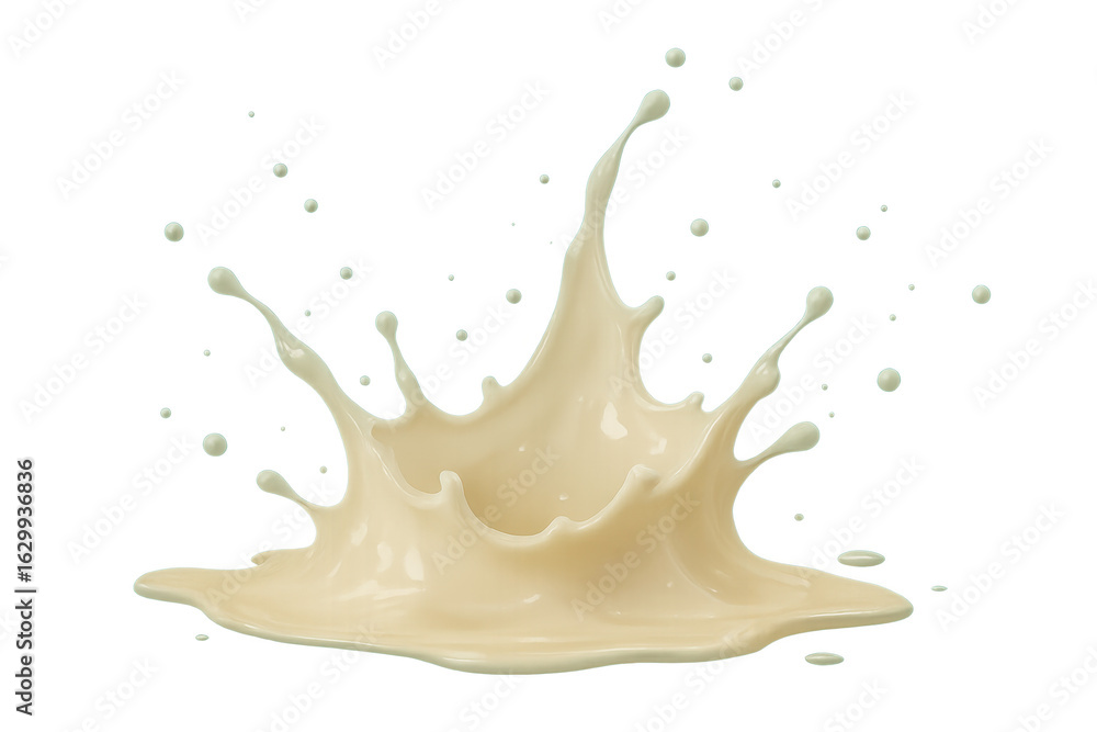 Aufkleber vanilla custard splashing dynamically, forming crown-like pattern with droplets, highlighting creamy