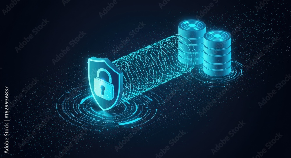 Poster digital data security illustration with glowing shield and data storage cylinders