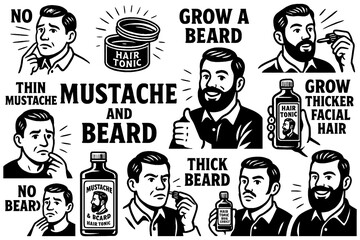 Retro comic sequence of beard growth using grooming products, Transparent Background
