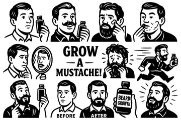 Retro comic sequence of beard growth using grooming products, Transparent Background