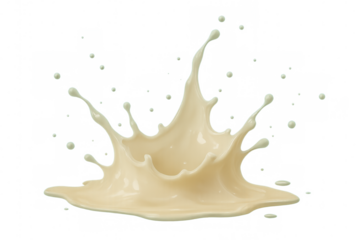 Vanilla custard splashing dynamically, forming crown-like pattern with droplets, highlighting creamy texture against clean backdrop