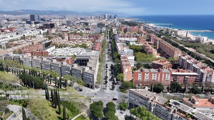 Barcelona Skyline In Barcelona Community Of Catalonia Spain. Aerial View Of A Bustling Downtown Cityscape With Modern Buildings. Business Sky Downtown Cityscape. Business Backgrounds Panorama.