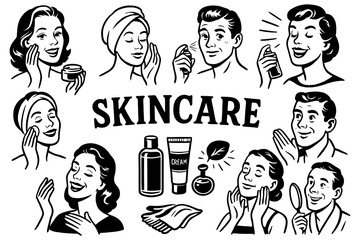 Retro men and women applying skincare in comic style, Transparent Background