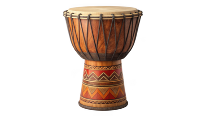 African djembe drum with intricate carvings isolated on transparent background