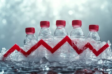 Bottled water with rising arrow on ice background