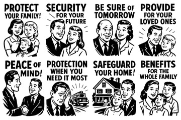 Retro insurance ads with families and protection slogans, Transparent Background
