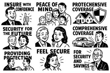 Obraz premium Retro insurance ads with families and protection slogans, Transparent Background