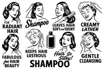 Retro men and women using shampoo in vintage comic style, Transparent Background