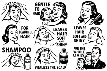Retro men and women using shampoo in vintage comic style, Transparent Background