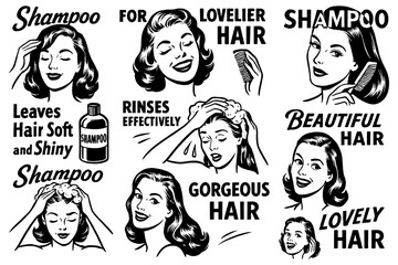 Retro men and women using shampoo in vintage comic style, Transparent Background