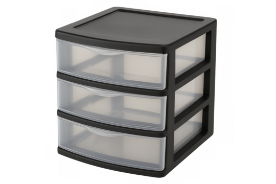 Black plastic storage drawers with transparent compartments on transparent background
