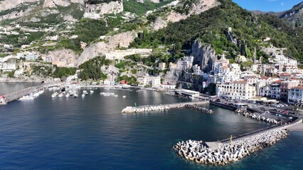 Obraz premium Amalfi Coast In Amalfi Salerno Italy. Bird Eye View Of A Amazing Coastal Beach In The Summer Holiday. Coast Clouds Seaside Summertime. Coast International Beach Panorama. Amalfi Salerno.
