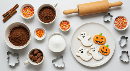 Overhead shot of halloween baking ingredients and decorated cookies on a white surface ready to bake