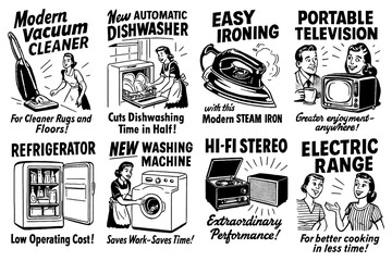 Retro people using classic household electronics, Transparent Background