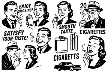Retro cigarette ads with smoking men and women, Transparent Background
