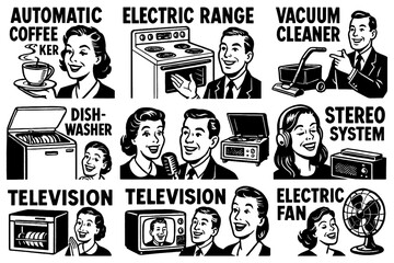 Retro people using classic household electronics, Transparent Background