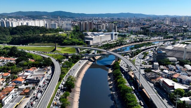 Traffic Road In Marginal Tiete Sao Paulo Brazil. Breathtaking Aerial View Of Busy Traffic In A Freeway Road. Business Sky Background Downtown Cityscape. Backgrounds Panorama.