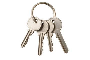 Bunch of keys hanging from metal ring on transparent background