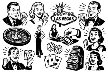 Vintage Las Vegas casino scenes with gamblers and dice, Transparent Background