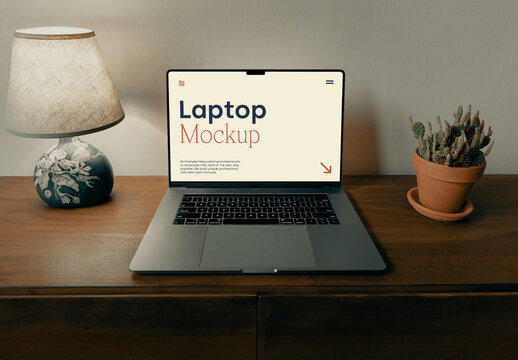 Laptop On The Wooden Dresser Mockup