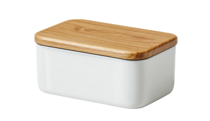Rectangular white ceramic butter dish with light wood lid