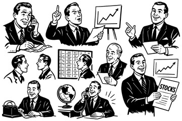 Retro businessmen in stock market and finance scenes, Transparent Background