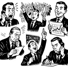 Retro businessmen in stock market and finance scenes, Transparent Background