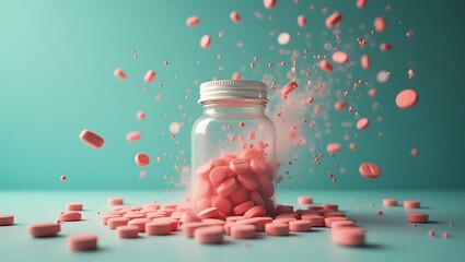 Pink pills medicine bottle concept for healthcare and pharmaceutical industry advertising and promotion