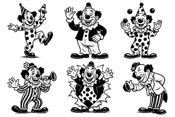 Vintage style clowns in playful cartoon poses, Transparent Background