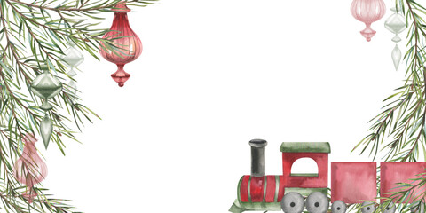 Christmas vintage watercolor frame with red train toy,evergreen spruce branches and glass red and green decoration illustrations.Hand drawn New year balls, floral elements for ivitation,poster design