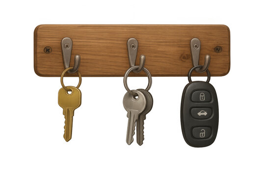 Wooden key holder with keys and car remote hanging on transparent background