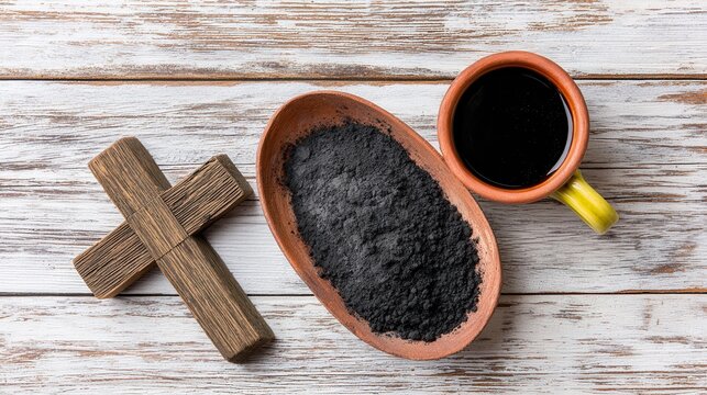 Ash Wednesday traditions with wooden cross, ashes, coffee on rustic table