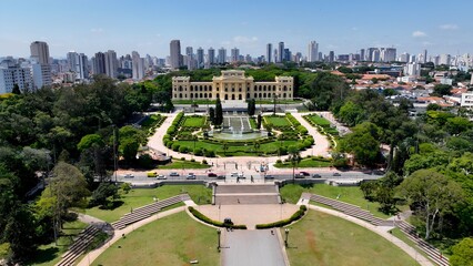 Sao Paulo Skyline In Ipiranga Museum Sao Paulo Brazil. Birds Eye View Of Medieval Building In Famous District Of City. Business Sky Downtown Cityscape. Business Backgrounds Panorama.